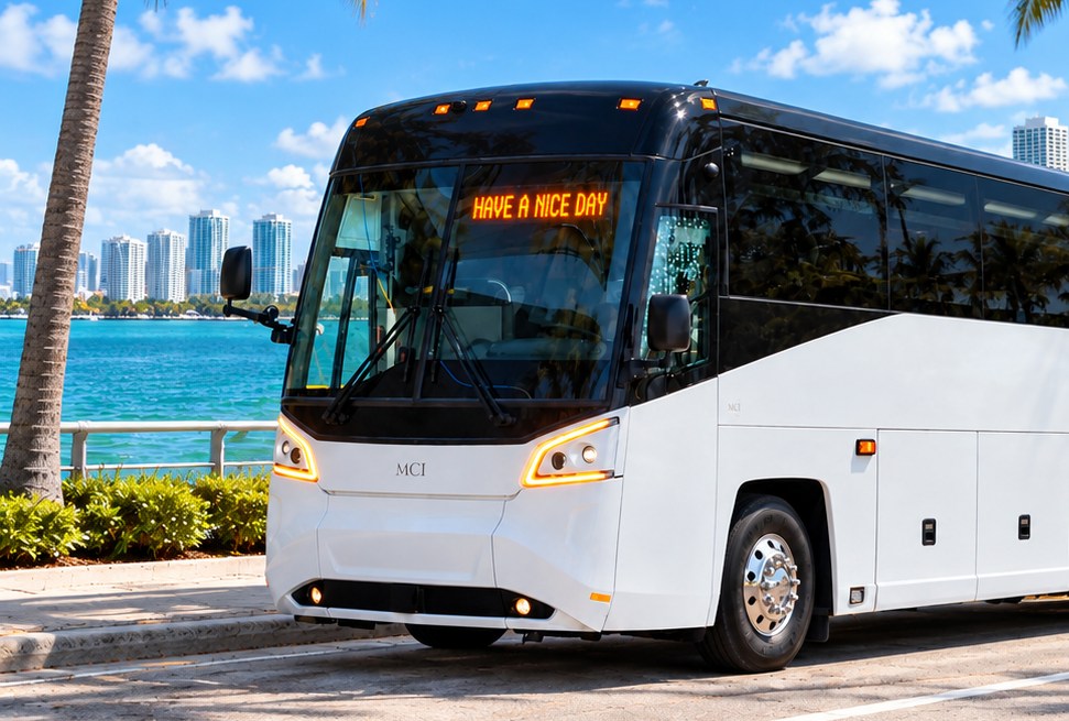 White motorcoach by Biscayne Bay displaying Have a Nice Day